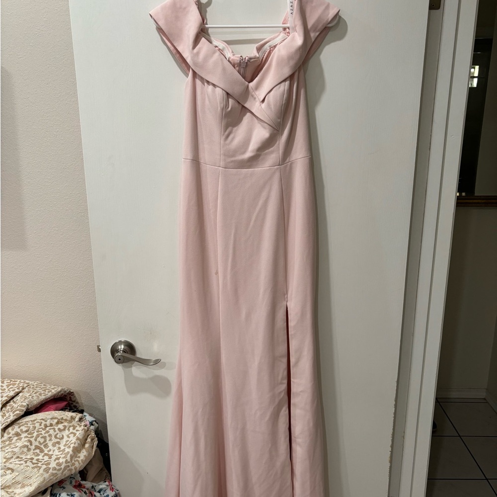 Azazie Pink Ruched Off-Shoulder Gown